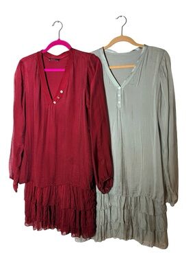 Marcella’s Italy 100% Silk Boho Ruffle Hem Dress Burgundy Sage Set of 2